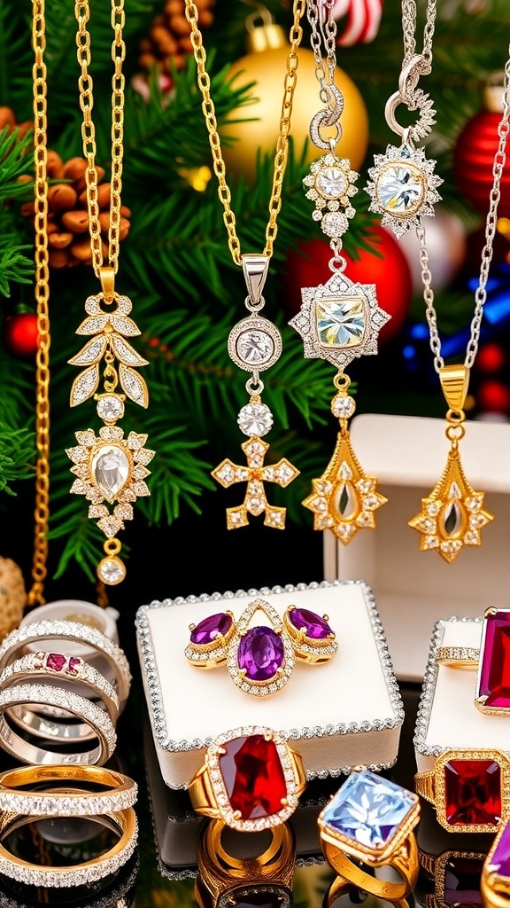 A collection of jewelry gifts including necklaces, earrings, and rings displayed with Christmas decorations.